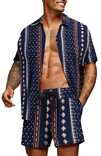 COOFANDY Men's Hawaiian Matching Set Summer Beach 2 Piece Outfits Flower Button Down Shirts and Shorts Vacation Outfits - COOFANDY