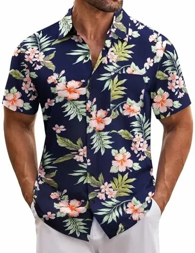 COOFANDY Mens Hawaiian Tropical Shirt Short Sleeve Casual Button Down Floral Summer Beach Shirts with Pocket - COOFANDY