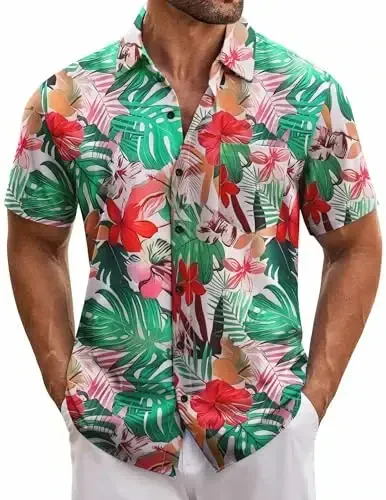 COOFANDY Mens Hawaiian Tropical Shirt Short Sleeve Casual Button Down Floral Summer Beach Shirts with Pocket - 1