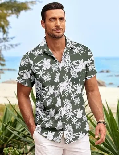 COOFANDY Mens Hawaiian Tropical Shirt Short Sleeve Casual Button Down Floral Summer Beach Shirts with Pocket - 2