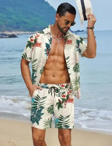 COOFANDY Men's Hawaiian Matching Set Summer Beach 2 Piece Outfits Flower Button Down Shirts and Shorts Vacation Outfits - 2