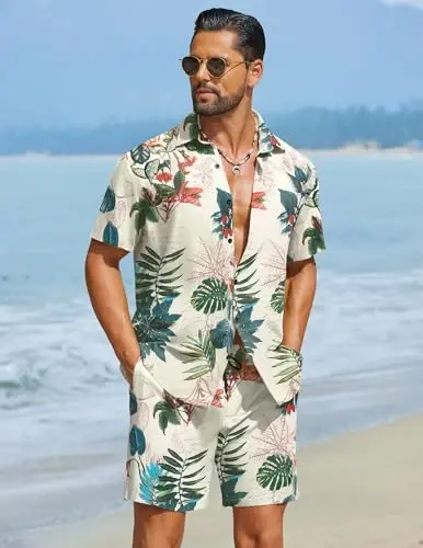 COOFANDY Men's Hawaiian Matching Set Summer Beach 2 Piece Outfits Flower Button Down Shirts and Shorts Vacation Outfits - 4