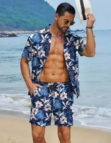 COOFANDY Men's Hawaiian Matching Set Summer Beach 2 Piece Outfits Flower Button Down Shirts and Shorts Vacation Outfits - 2