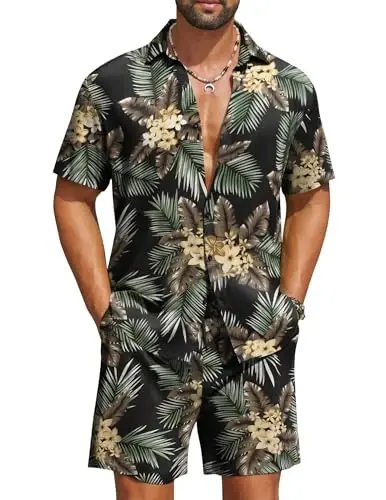 COOFANDY Men's Hawaiian Matching Set Summer Beach 2 Piece Outfits Flower Button Down Shirts and Shorts Vacation Outfits - 1