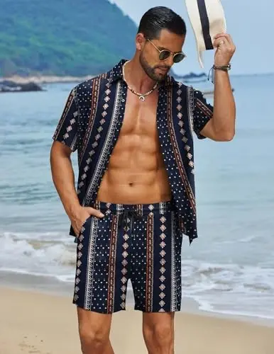 COOFANDY Men's Hawaiian Matching Set Summer Beach 2 Piece Outfits Flower Button Down Shirts and Shorts Vacation Outfits - COOFANDY (1)