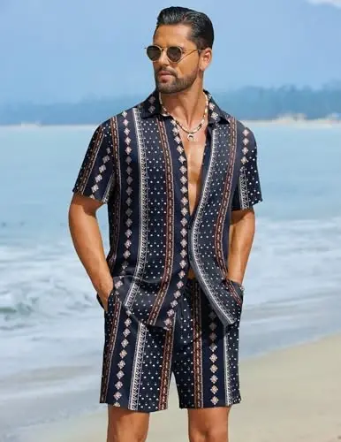 COOFANDY Men's Hawaiian Matching Set Summer Beach 2 Piece Outfits Flower Button Down Shirts and Shorts Vacation Outfits - 4