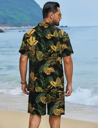 COOFANDY Men's Hawaiian Matching Set Summer Beach 2 Piece Outfits Flower Button Down Shirts and Shorts Vacation Outfits - 3