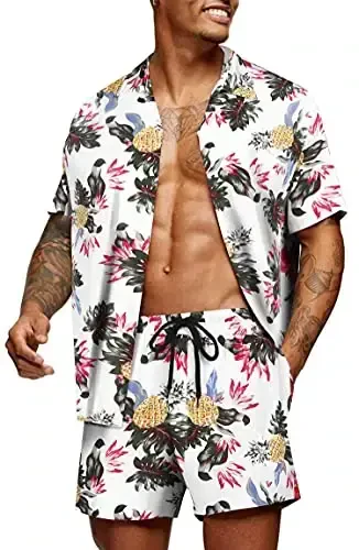 COOFANDY Men's Hawaiian Matching Set Summer Beach 2 Piece Outfits Flower Button Down Shirts and Shorts Vacation Outfits - COOFANDY