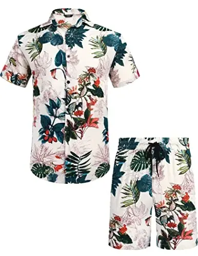 COOFANDY Men's Hawaiian Matching Set Summer Beach 2 Piece Outfits Flower Button Down Shirts and Shorts Vacation Outfits - 4