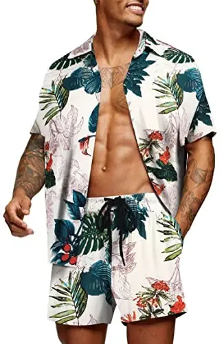 COOFANDY Men's Hawaiian Matching Set Summer Beach 2 Piece Outfits Flower Button Down Shirts and Shorts Vacation Outfits - 1