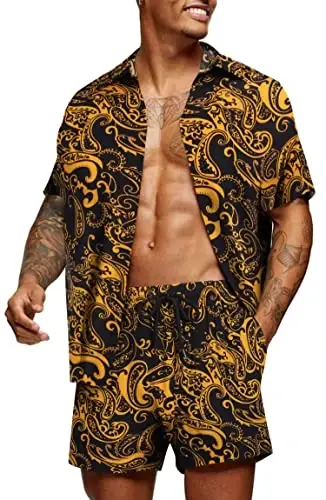 COOFANDY Men's Hawaiian Matching Set Summer Beach 2 Piece Outfits Flower Button Down Shirts and Shorts Vacation Outfits - 1
