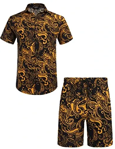 COOFANDY Men's Hawaiian Matching Set Summer Beach 2 Piece Outfits Flower Button Down Shirts and Shorts Vacation Outfits - 4