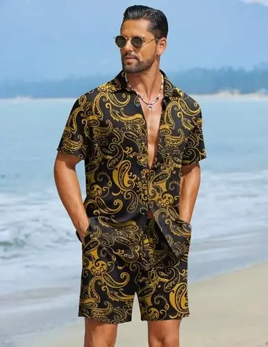 COOFANDY Men's Hawaiian Matching Set Summer Beach 2 Piece Outfits Flower Button Down Shirts and Shorts Vacation Outfits - 4