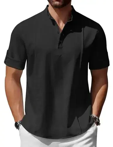 COOFANDY Men's Henley T-Shirts Short Sleeve Casual Button Henley Shirts Band Collar Tee Summer Beach Hippie Shirts - COOFANDY