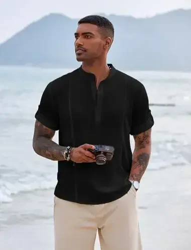 COOFANDY Men's Henley T-Shirts Short Sleeve Casual Button Henley Shirts Band Collar Tee Summer Beach Hippie Shirts - 4
