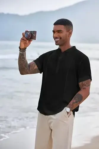 COOFANDY Men's Henley T-Shirts Short Sleeve Casual Button Henley Shirts Band Collar Tee Summer Beach Hippie Shirts - 2