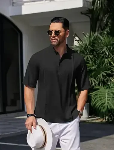 COOFANDY Men's Henley T-Shirts Short Sleeve Casual Button Henley Shirts Band Collar Tee Summer Beach Hippie Shirts - 3