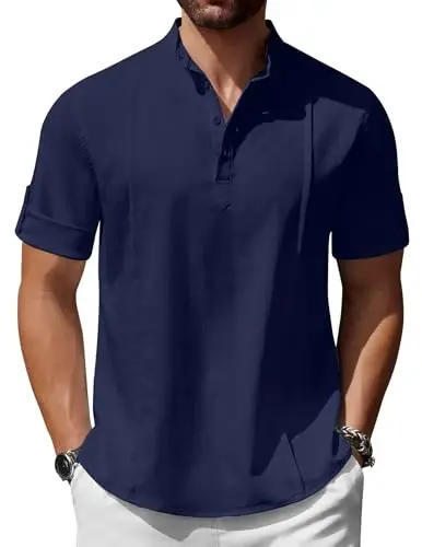 COOFANDY Men's Henley T-Shirts Short Sleeve Casual Button Henley Shirts Band Collar Tee Summer Beach Hippie Shirts - 1
