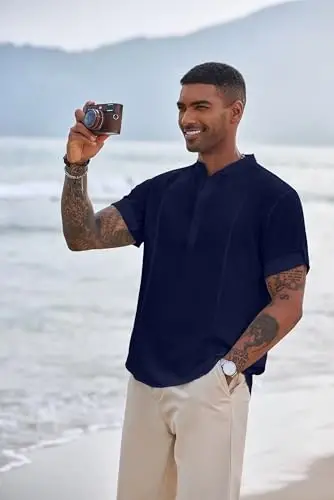 COOFANDY Men's Henley T-Shirts Short Sleeve Casual Button Henley Shirts Band Collar Tee Summer Beach Hippie Shirts - COOFANDY (1)