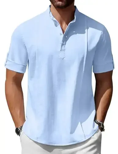 COOFANDY Men's Henley T-Shirts Short Sleeve Casual Button Henley Shirts Band Collar Tee Summer Beach Hippie Shirts - MODAZONE