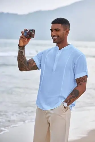 COOFANDY Men's Henley T-Shirts Short Sleeve Casual Button Henley Shirts Band Collar Tee Summer Beach Hippie Shirts - 2