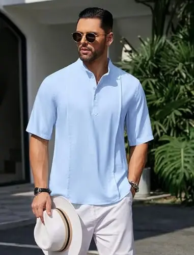 COOFANDY Men's Henley T-Shirts Short Sleeve Casual Button Henley Shirts Band Collar Tee Summer Beach Hippie Shirts - 3