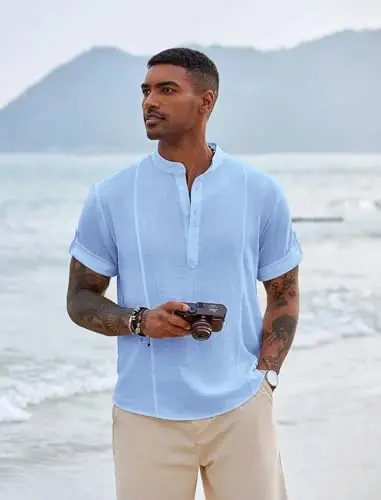 COOFANDY Men's Henley T-Shirts Short Sleeve Casual Button Henley Shirts Band Collar Tee Summer Beach Hippie Shirts - 4