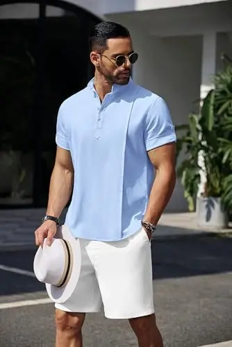 COOFANDY Men's Henley T-Shirts Short Sleeve Casual Button Henley Shirts Band Collar Tee Summer Beach Hippie Shirts - 5