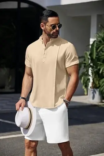 COOFANDY Men's Henley T-Shirts Short Sleeve Casual Button Henley Shirts Band Collar Tee Summer Beach Hippie Shirts - 5
