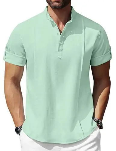 COOFANDY Men's Henley T-Shirts Short Sleeve Casual Button Henley Shirts Band Collar Tee Summer Beach Hippie Shirts 