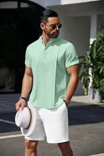 COOFANDY Men's Henley T-Shirts Short Sleeve Casual Button Henley Shirts Band Collar Tee Summer Beach Hippie Shirts - 5