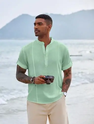 COOFANDY Men's Henley T-Shirts Short Sleeve Casual Button Henley Shirts Band Collar Tee Summer Beach Hippie Shirts - 4