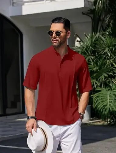 COOFANDY Men's Henley T-Shirts Short Sleeve Casual Button Henley Shirts Band Collar Tee Summer Beach Hippie Shirts - 3