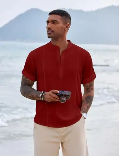 COOFANDY Men's Henley T-Shirts Short Sleeve Casual Button Henley Shirts Band Collar Tee Summer Beach Hippie Shirts - 4