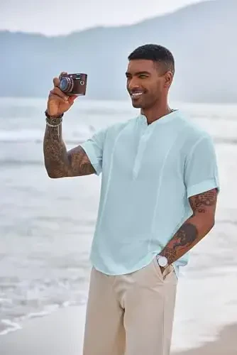 COOFANDY Men's Henley T-Shirts Short Sleeve Casual Button Henley Shirts Band Collar Tee Summer Beach Hippie Linen Shirts - 2
