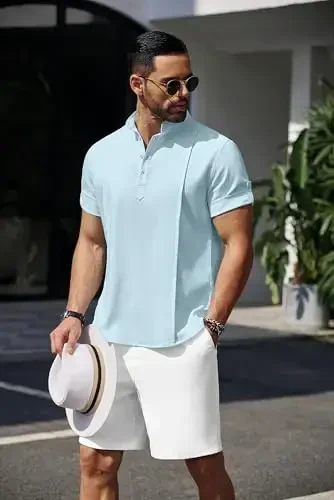 COOFANDY Men's Henley T-Shirts Short Sleeve Casual Button Henley Shirts Band Collar Tee Summer Beach Hippie Linen Shirts - 5