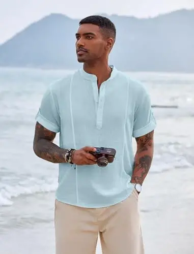 COOFANDY Men's Henley T-Shirts Short Sleeve Casual Button Henley Shirts Band Collar Tee Summer Beach Hippie Shirts - 4