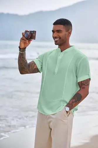COOFANDY Men's Henley T-Shirts Short Sleeve Casual Button Henley Shirts Band Collar Tee Summer Beach Hippie Shirts - MODAZONE (1)