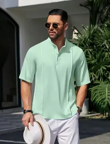 COOFANDY Men's Henley T-Shirts Short Sleeve Casual Button Henley Shirts Band Collar Tee Summer Beach Hippie Shirts - 3