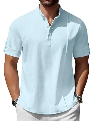 COOFANDY Men's Henley T-Shirts Short Sleeve Casual Button Henley Shirts Band Collar Tee Summer Beach Hippie Shirts - 1