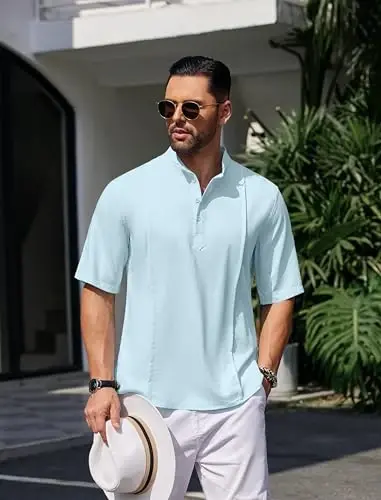 COOFANDY Men's Henley T-Shirts Short Sleeve Casual Button Henley Shirts Band Collar Tee Summer Beach Hippie Shirts - 3