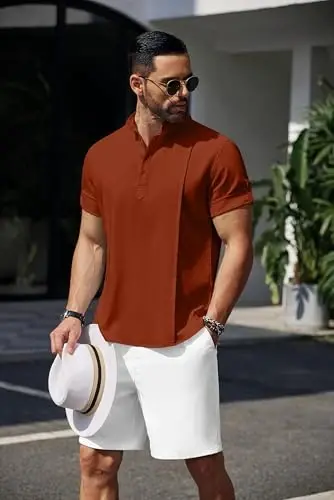 COOFANDY Men's Henley T-Shirts Short Sleeve Casual Button Henley Shirts Band Collar Tee Summer Beach Hippie Shirts - 5