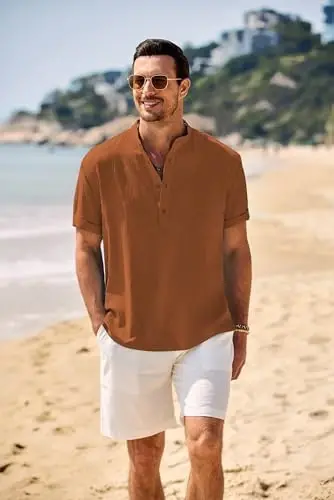 COOFANDY Men's Henley T-Shirts Short Sleeve Casual Button Henley Shirts Band Collar Tee Summer Beach Hippie Shirts - 2