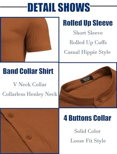 COOFANDY Men's Henley T-Shirts Short Sleeve Casual Button Henley Shirts Band Collar Tee Summer Beach Hippie Shirts - 5