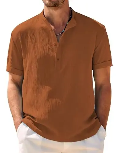 COOFANDY Men's Casual Henley Shirt Band Collar Short Sleeve Shirt Summer Beach Hippie T-Shirt - 1