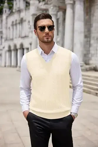 COOFANDY Men's Sweater Vest V Neck Slim Fit Cable Knitted Sleeveless Pullover Sweater - 5
