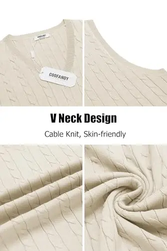 COOFANDY Men's Sweater Vest V Neck Slim Fit Cable Knitted Sleeveless Pullover Sweater - 4