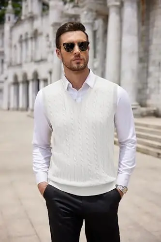 COOFANDY Men's Sweater Vest V Neck Slim Fit Cable Knitted Sleeveless Pullover Sweater - 5