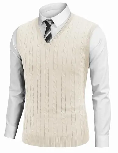 COOFANDY Men's Sweater Vest V Neck Slim Fit Cable Knitted Sleeveless Pullover Sweater - 6