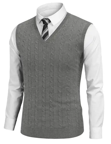 COOFANDY Men's Sweater Vest V Neck Slim Fit Cable Knitted Sleeveless Pullover Sweater - 1